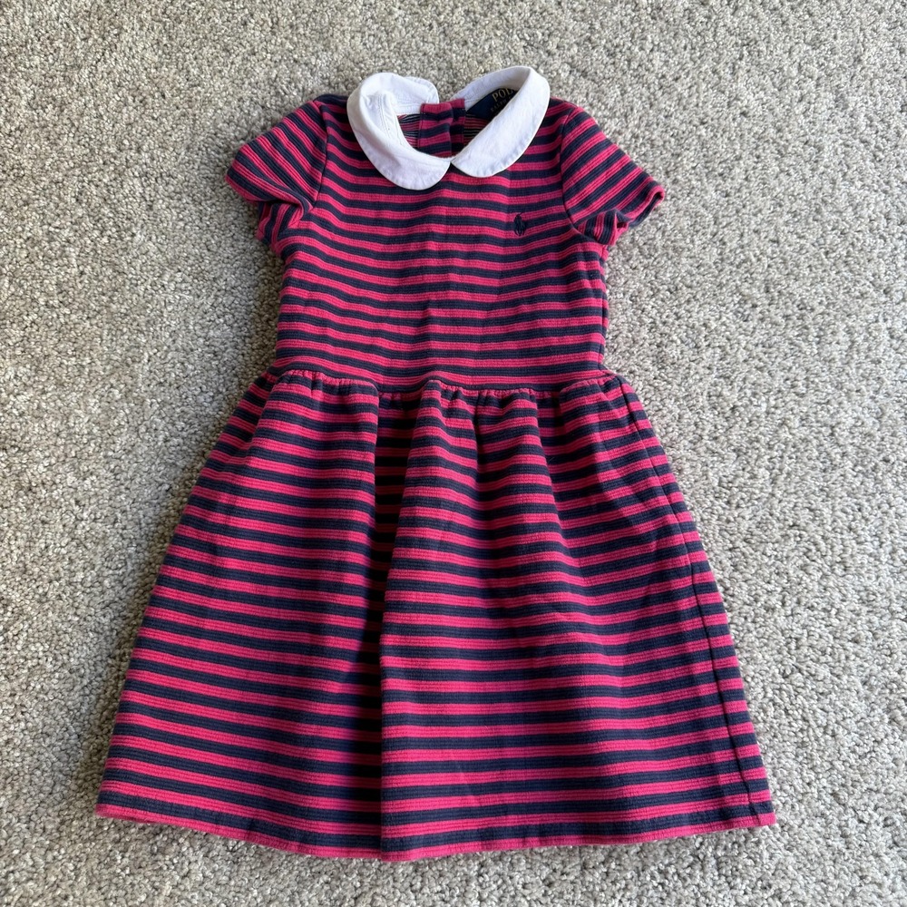 Polo Ralph Lauren Dress Girls 6X Pink Navy Striped Collared Fit Flare Knit